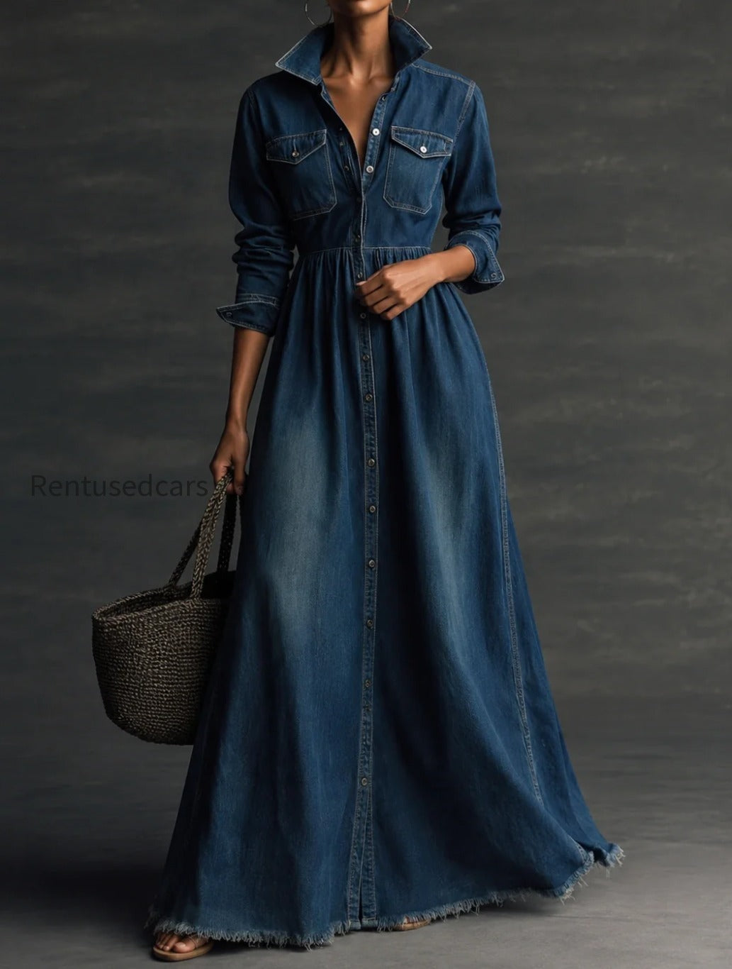 stylish-stand-collar-washed-raw-hem-maxi-dress