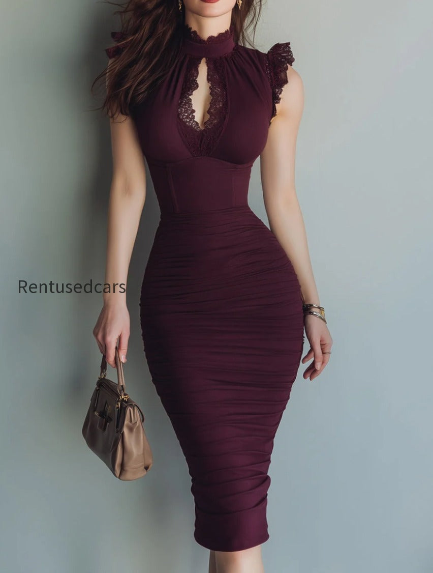elegant-keyhole-collar-hip-midi-dress-with-lace