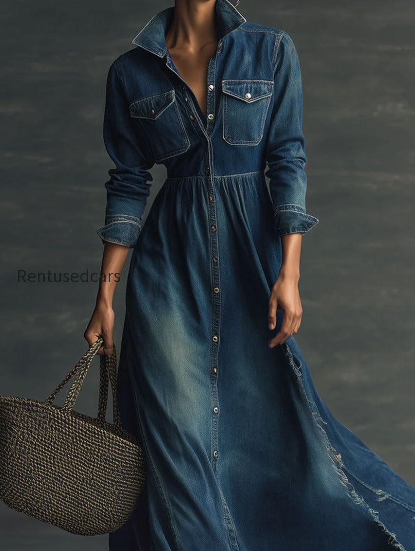 stylish-stand-collar-washed-raw-hem-maxi-dress