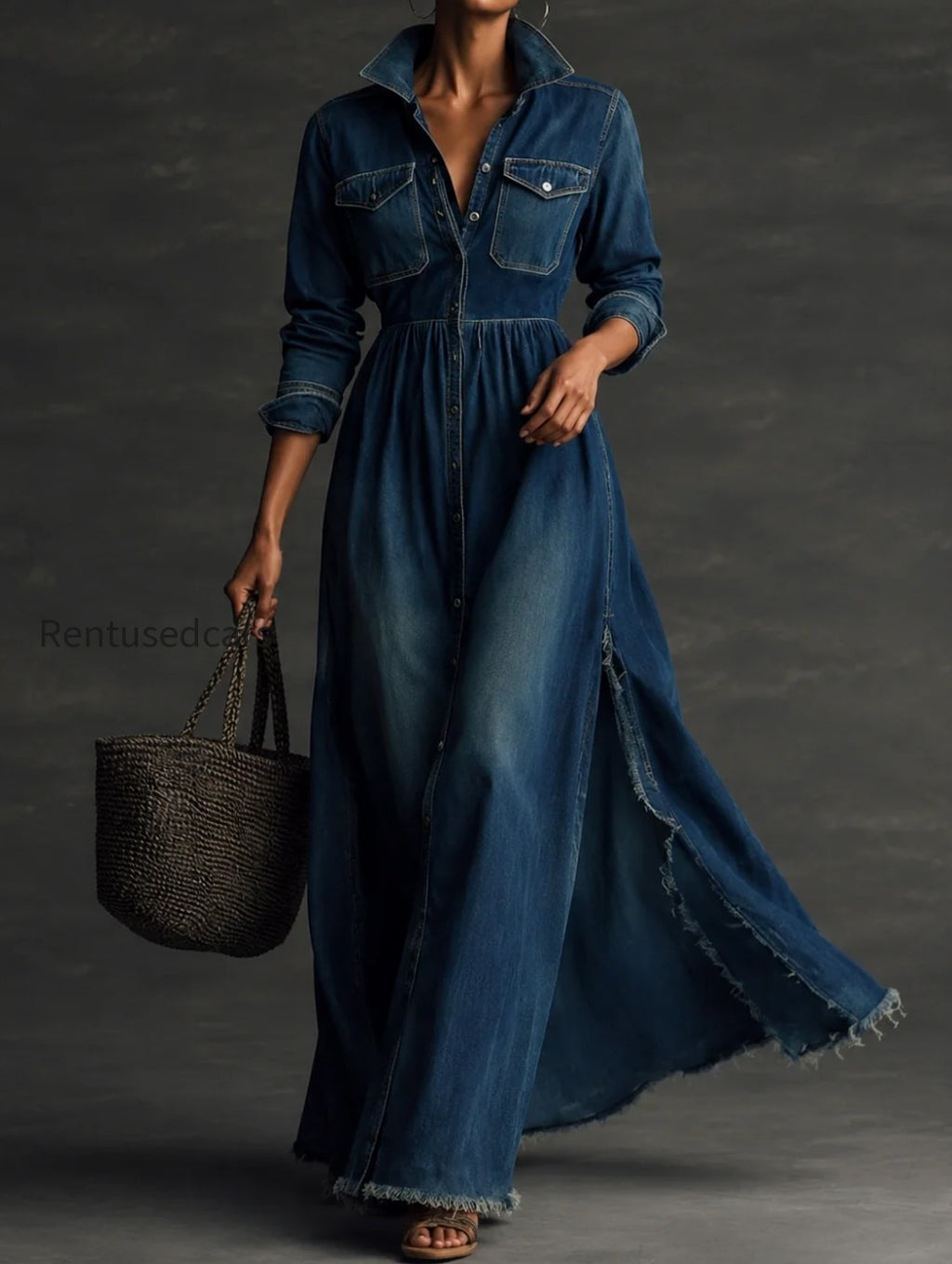 stylish-stand-collar-washed-raw-hem-maxi-dress