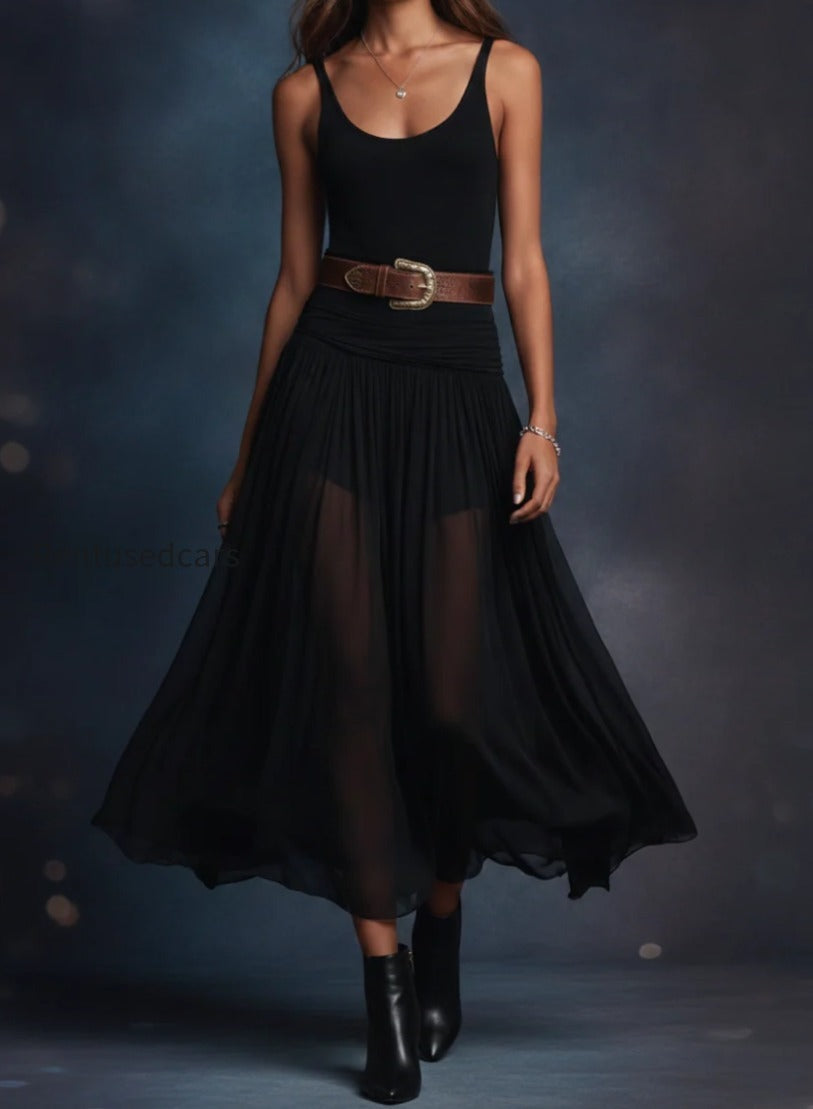 boho-western-black-stretchy-maxi-dress-with-sheer-skirt